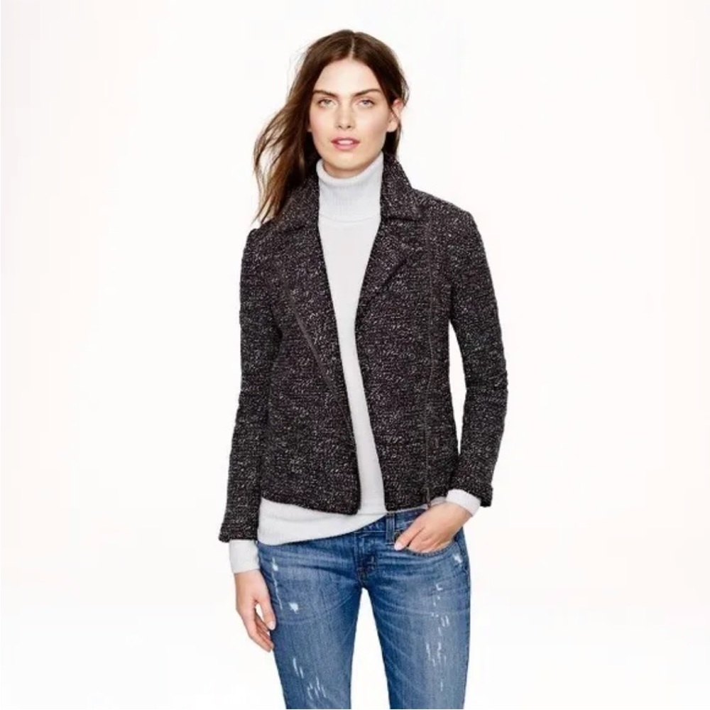 J. Crew boucle motorcycle jacket black and white size 2